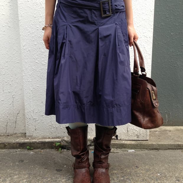 Navy Belted Pleated Midi Skirt