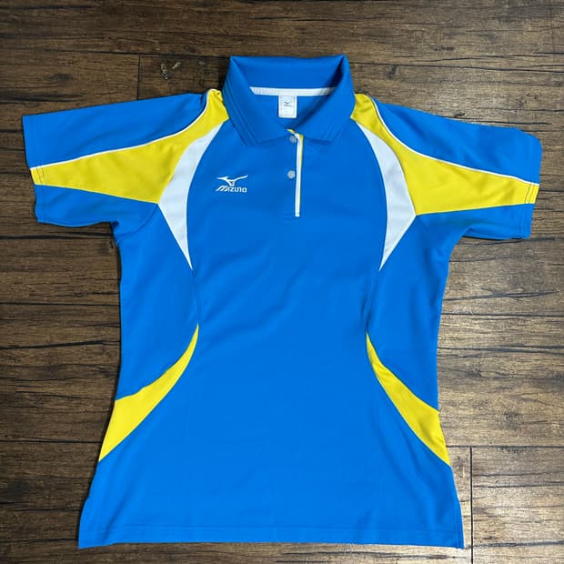 미즈노(Mizuno) 일본제 기능성 반팔 카라티 블루 옐로우 배색 실측M