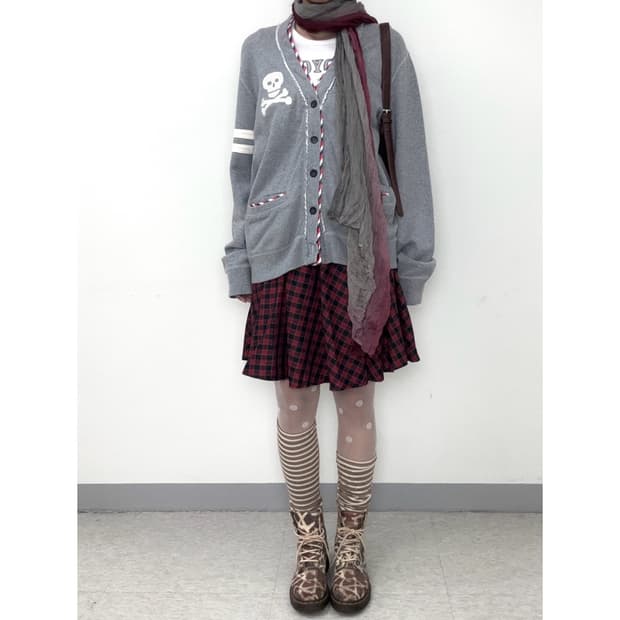 빈티지 레드 체크 미디 스커트