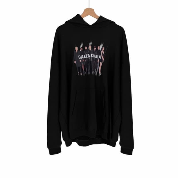 [M] 발렌시아가 남성 아트워크 리얼 로고 라지핏 후드 티셔츠 블랙