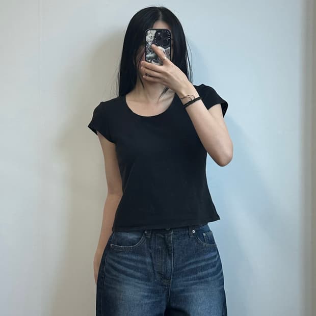 오픈와이와이 캡소매 블랙 반팔 티셔츠