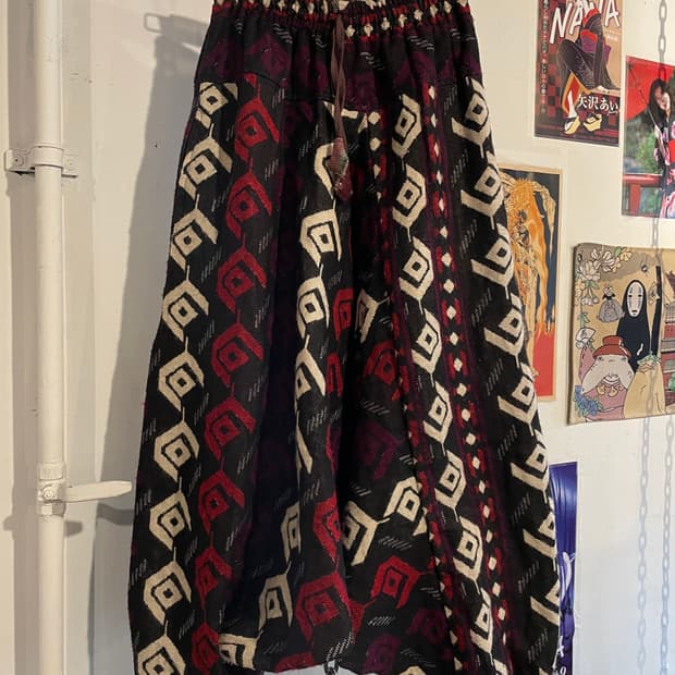 이카트 스타일 트라이벌 패턴 블랙 울 사루엘 팬츠 오리엔탈 히피