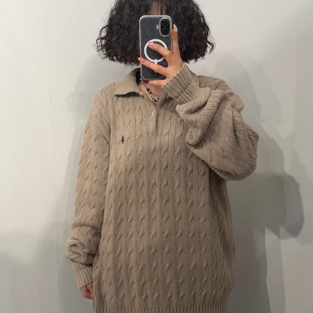 100 폴로 랄프로렌 케이블 반집업 스웨터 베이지