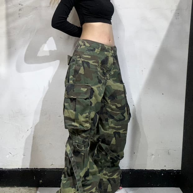 빈티지 카키 대장급 밀리터리 카모 와이드 건빵 바지 카고 팬츠 