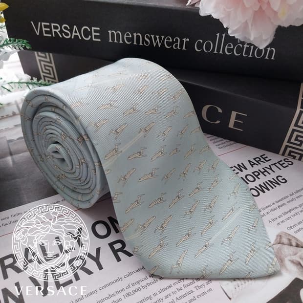 베르사체 실크 스카이블루 패턴 넥타이 9cm B등급 K1076
