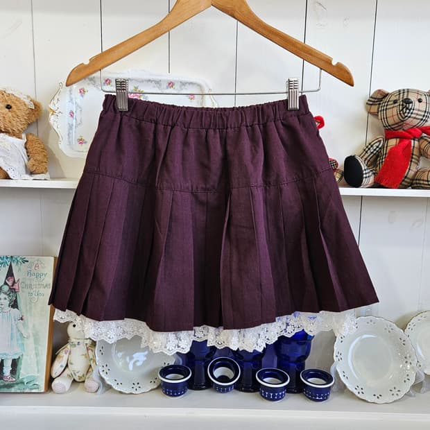 버건디 레이스 레이어드 플리츠 스커트