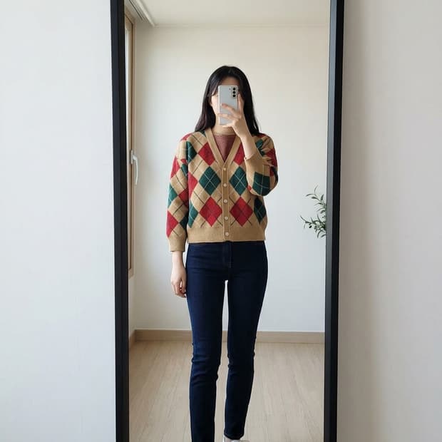 (새옷) 여성 가디건 아가일 체크 패턴 브이넥 2벌 1만원