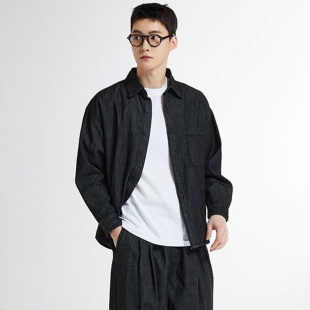 XL(약105)스파오 오버핏 데님 셔츠 긴팔 남방 블랙 데님 흑청