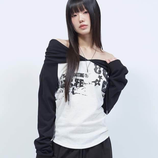 엘엠알 오프숄더 레터링 그래픽 후드 긴팔 티셔츠 OATMEAL