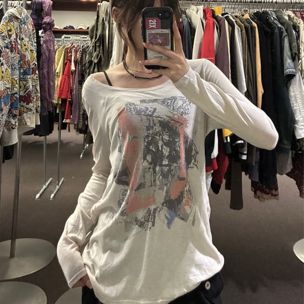 2) Losicarie 빈티지 여성 프린팅 베이지 롱슬리브