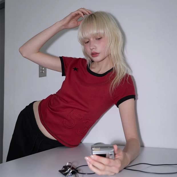 렌세 Star Patch Slim Fit Ringer Tee 레드