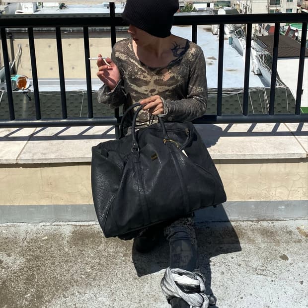 (Yamaha)Vintage Black Leather Boston Bag