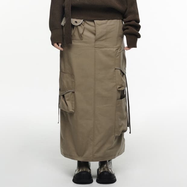 나체 스트랩 카고 맥시 롱스커트 베이지