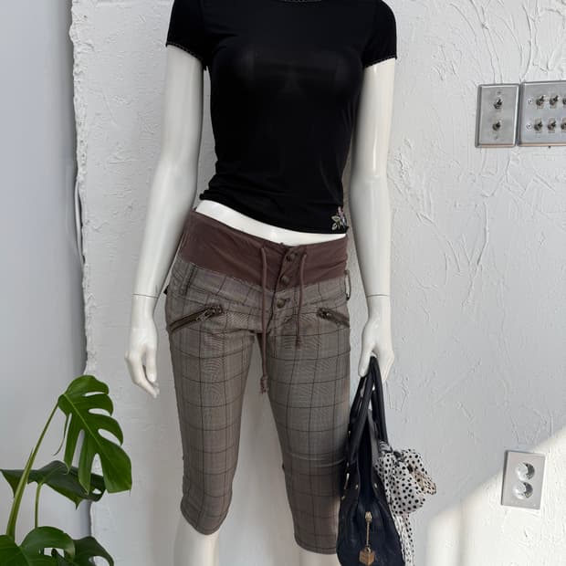 빈티지 MOUSSY 브라운 체크 로우라이즈 카프리 팬츠
