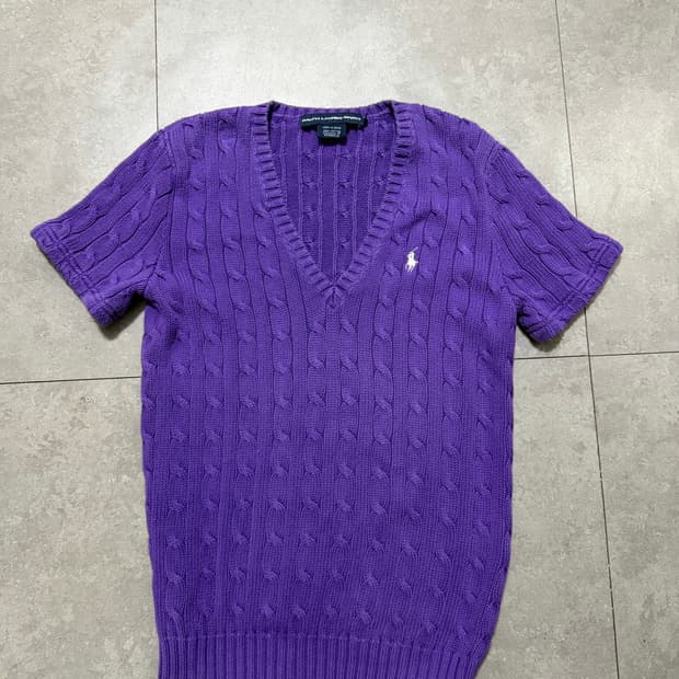랄프로렌 폴로 퍼플 컬러 케이블 니트 빈티지 숏슬리브 55size  
