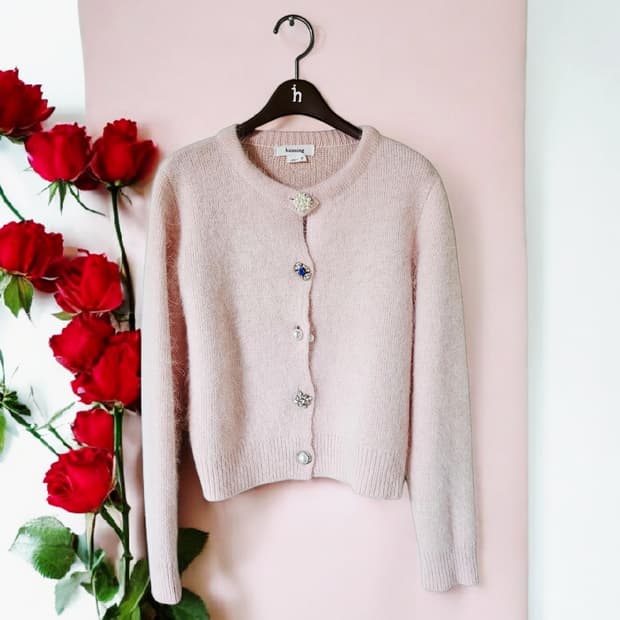 앙고라 라이트 핑크 보석 단추 여성 가디건 S