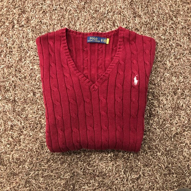 폴로 랄프로렌 브이넥 케이블 버건디 니트