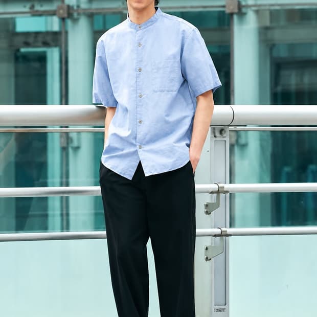 유니클로 리넨 린넨 차이나 스탠드 카라 반팔 셔츠 블루