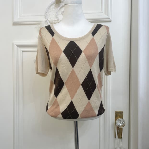 beige brown argyle gold glitter knit top