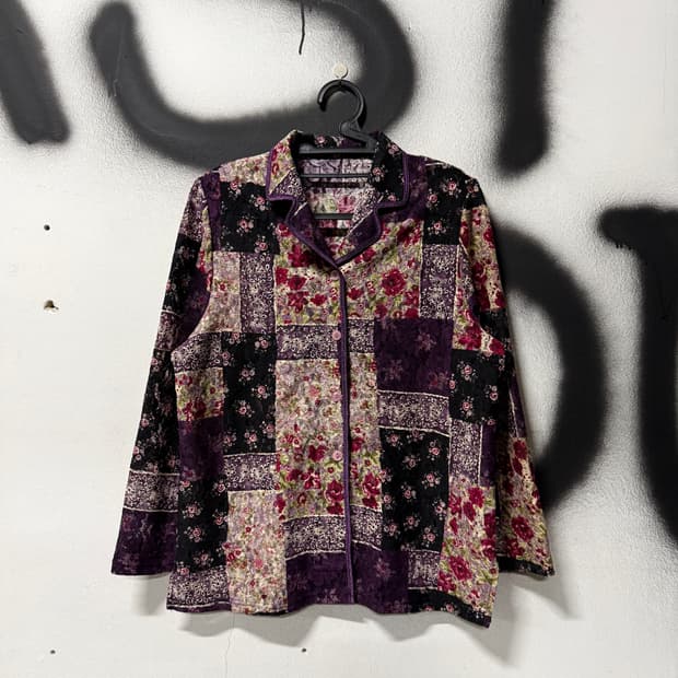 VTG 빈티지 퍼플 오리엔탈 패치워크 패턴 시스루 블라우스 자켓