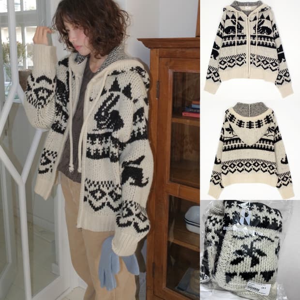 프롬비기닝 MADE 래빗 노르딕 후드집업가디건 아이보리 새상품