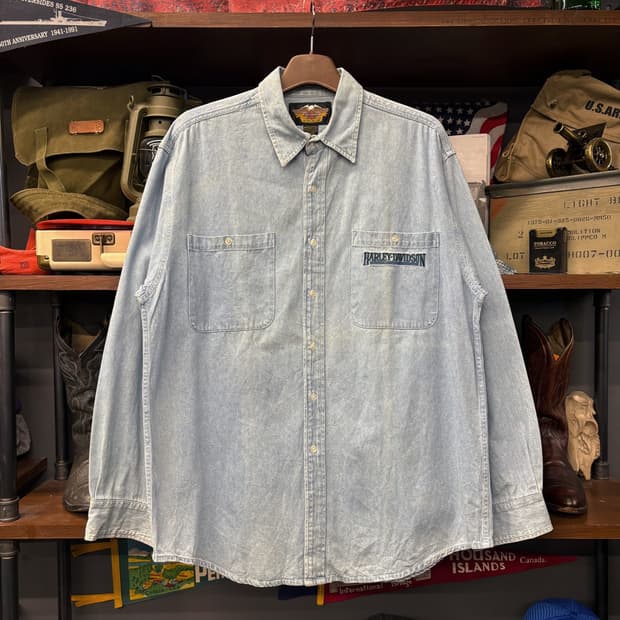 00s 할리데이비슨 클래식 레터링 패치 라이트워시 워크 데님셔츠 N282