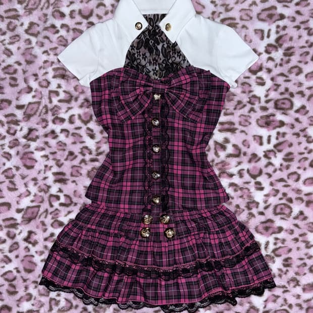 갸루 셋업 체크 리본 마즈깔 블랙 핑크 셔츠 금장 스커트