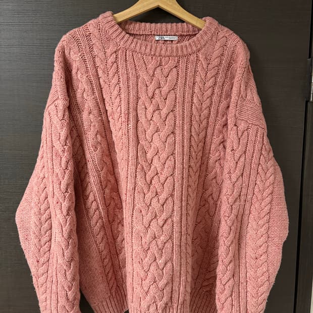 XL - ZARA 자라 울 케이블 니트 스웨터 핑크