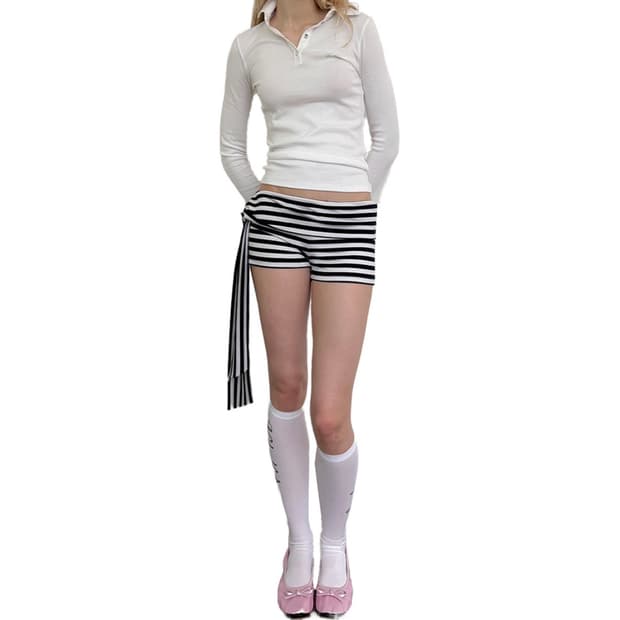 STRIPED SIDE TIE SHORTS, BLACK