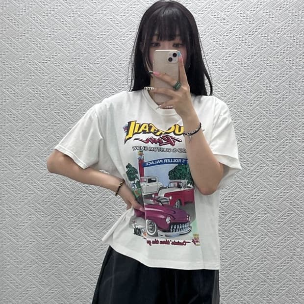 아메리칸 빈티지 스트릿 레트로 키치 모터레이싱 반팔티 L C13155