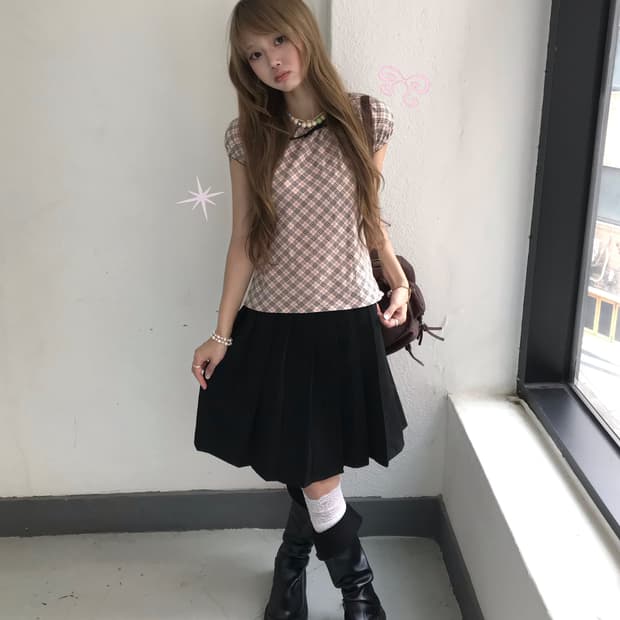 버버리 핑크 체크 퍼프 데일리 프레피 코디세트