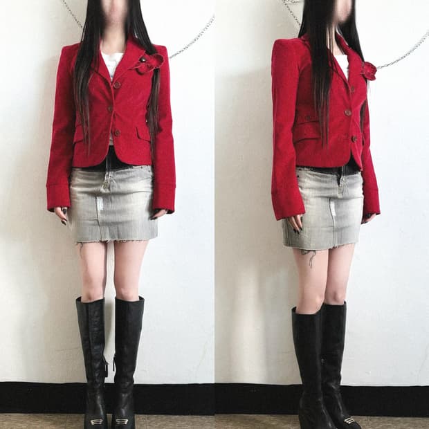 모스키노 by 제레미스캇 레드 플라워 브로치 핀코듀로이 크롭컷 자켓