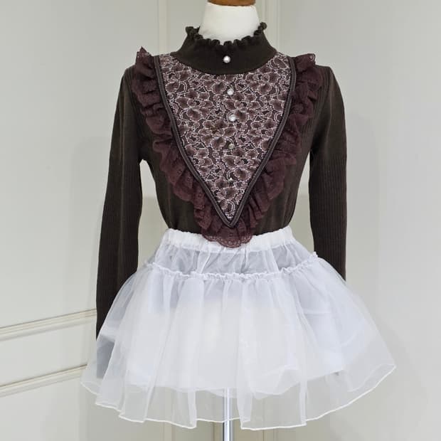 일본빈티지 로판 브라운 라떼갸루 로맨틱 레이스프릴 니트블라우스