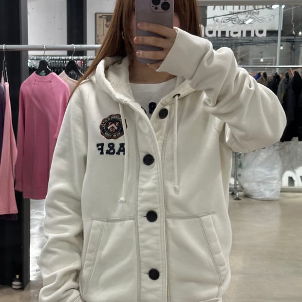 아베크롬비 NY 버튼 머슬핏후드집업 아이보리