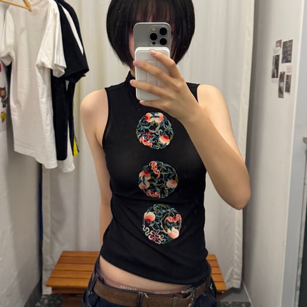 비비안 탐 오리엔탈 시스루 슬리브리스 탑