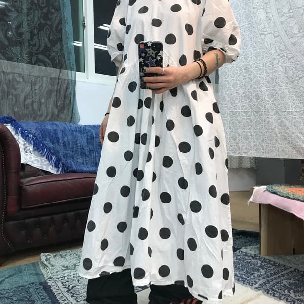 여성 도트 퍼프 반팔 원피스