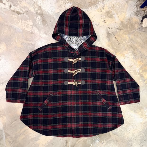 네넷 후드 더플 체크 코트 네이비/레드