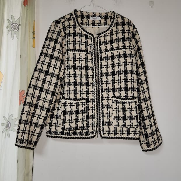 트위드 체크 자켓 아이보리 블랙XXL