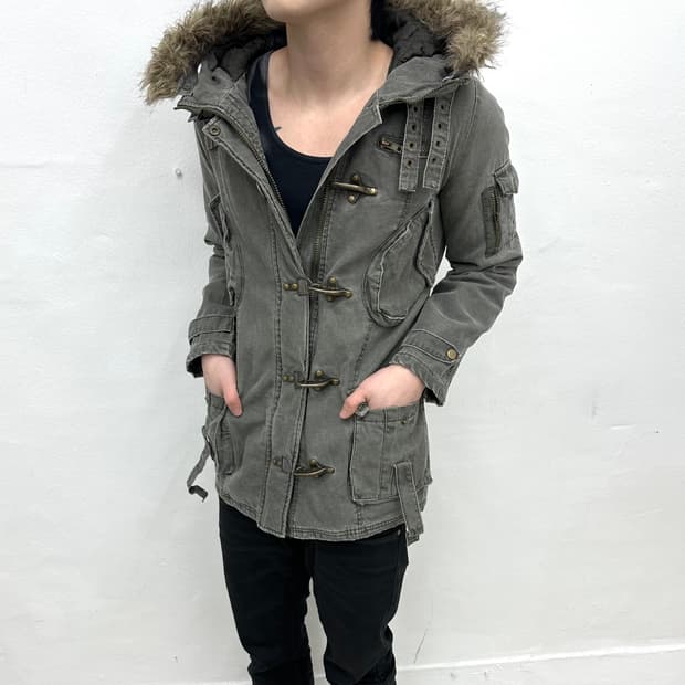 Denim buckle detail fur jacket