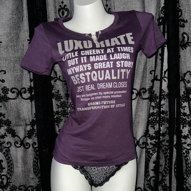 purple lettering short-sleeved