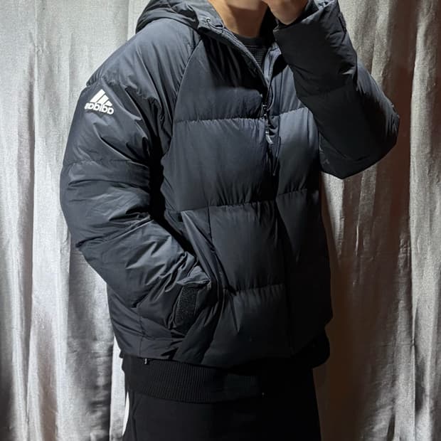 L 아디다스 삼선로고 블랙 후디 패딩