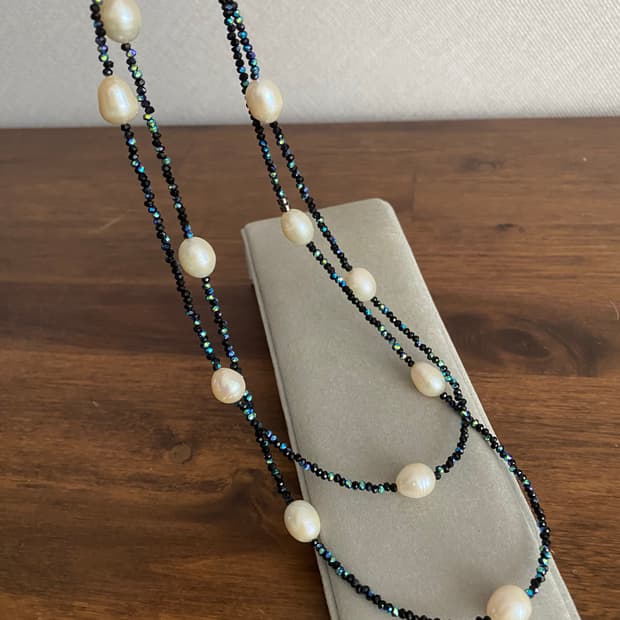 천연 담수진주+원석 비드 롱목걸이 해