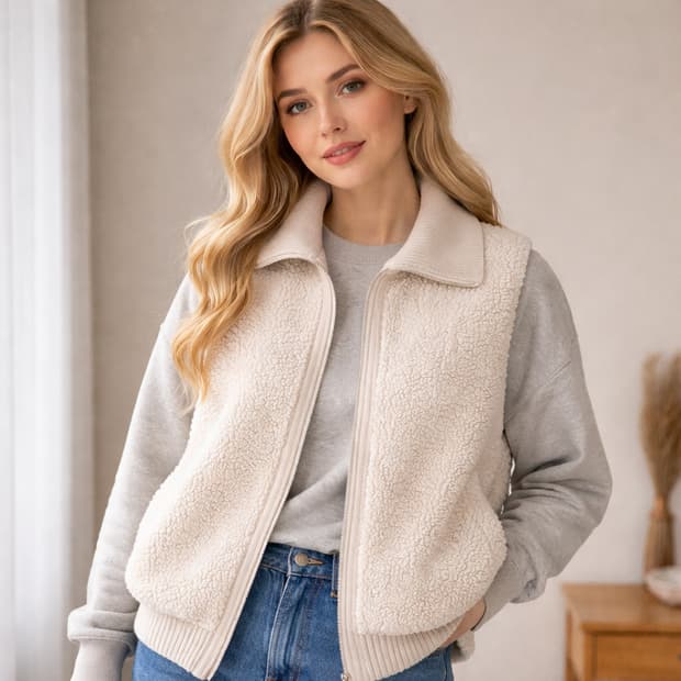 룸나인 ROOM9 아이보리 뽀글이 니트카라 집업베스트조끼 밑단시보리 66