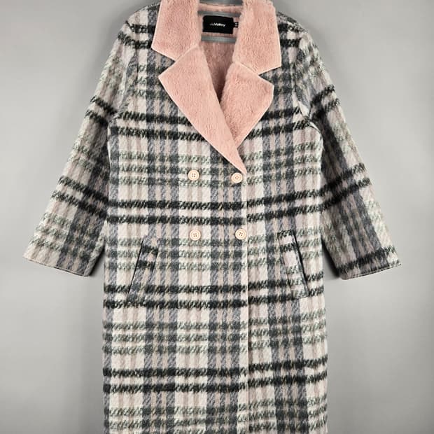 [무료배송]미스밸리걸 F 여성 페이크퍼 안감 체크 더블 롱 코트 핑크
