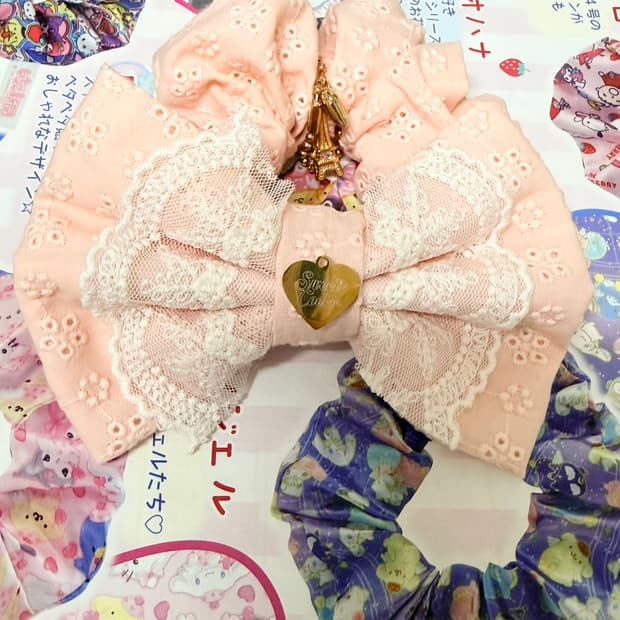 스쿠쿠 히메갸루 히메카지 피치 코랄 펀칭 리본 헤어 슈슈 헤어끈 갸루