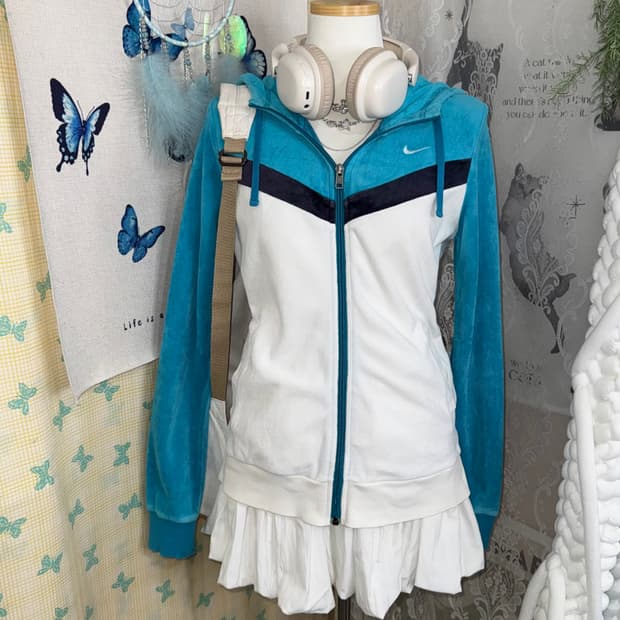 나이키 화이트 & 블루 테리 후드 집업