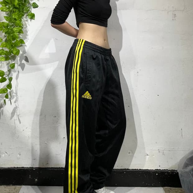 아디다스 블랙 옐로우 삼선 와이드 추리닝 바지 트레이닝 팬츠 L