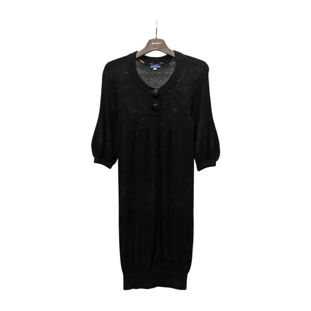 버버리 블루라벨 니트 롱 원피스 7부 퍼프 소매 투버튼 디테일 블랙