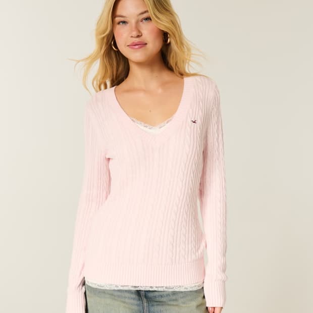 [S] 홀리스터 브이넥 케이블 니트 