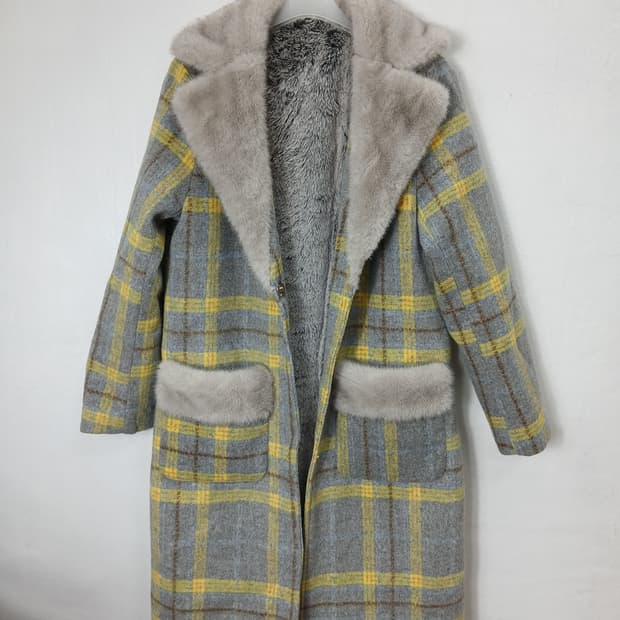 그레이옐로우 체크모직 밍크퍼 롱 코트 90 S 새제품